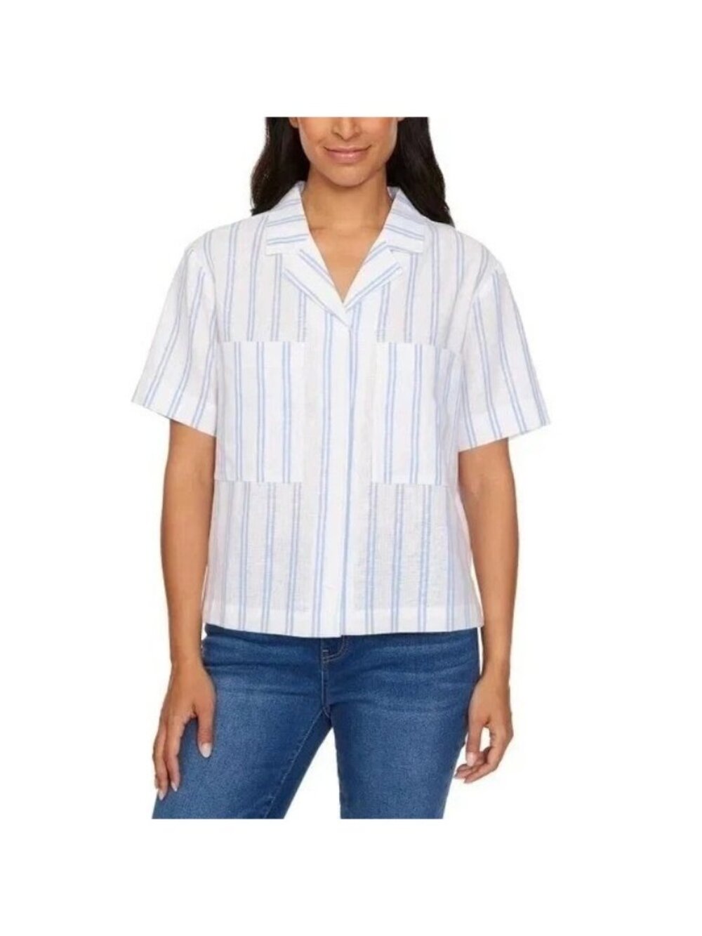 NWT Buffalo David Bitton Women's L Linen Blend Utility Top Coastal Stripe White